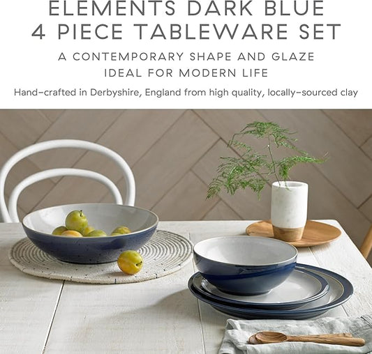 Denby - Elements Dark Blue Dinner Set For 1-4 Piece Ceramic Tableware - Dishwasher Microwave Safe Crockery Single Place Setting - 1 x Dinner Plate, 1 x Small Plate, 1 x Cereal Bowl, 1 x Coffee Mug