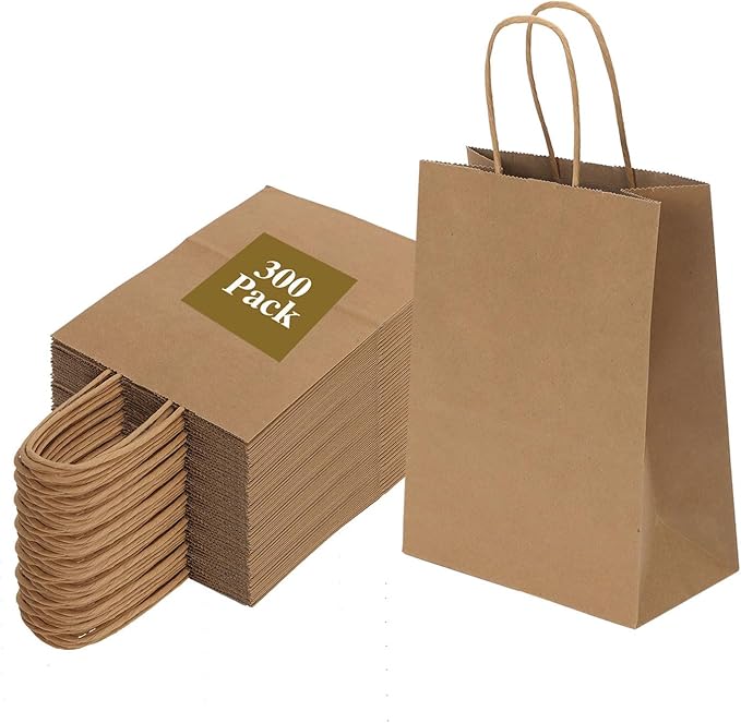 Joybe 300 Pack 6x3.25x8 Inch Small Brown Paper Bags with Handles Bulk, Kraft Paper Gift Bags for Birthday Party Favors Grocery Retail Shopping Business Goody Craft Sacks (Blank Plain Natural, 300pcs)