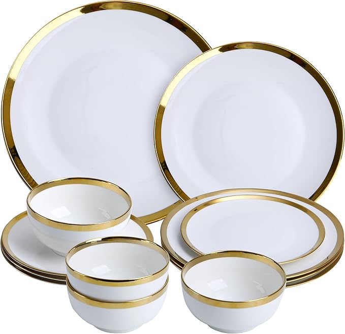 Luxury 12-Piece white Dinnerware Set with Gold Rim for 4,Elegant White bone china Porcelain Plates & Bowls, Microwave and Dishwasher Safe, Chip Resistant Fine Dining Set