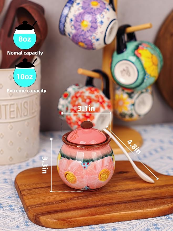 silesia Handmade Sugar Bowl with Lid and Spoon, 8 oz Hand-Painted Ceramic Sugar Jar, Floral Design Seasoning Container for sugar, honey, or spices, Dishwasher Safe (Glazed Pink)