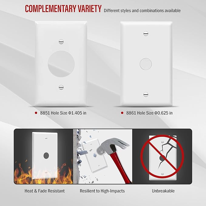 ENERLITES 0.625" Hole Phone/Cable Wall Plate, Standard Size 1-Gang 4.50" x 2.76", Polycarbonate Thermoplastic, 8861-W, White