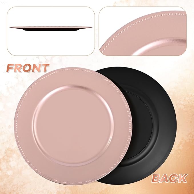 36 Pcs Rose Gold Charger Plates Round Charger Plates13 Inch Bulk Wedding Dinner Elegant Reusable Plastic Chargers Plates Wedding Holiday Party Baby Shower Event Decoration (Rose Gold)