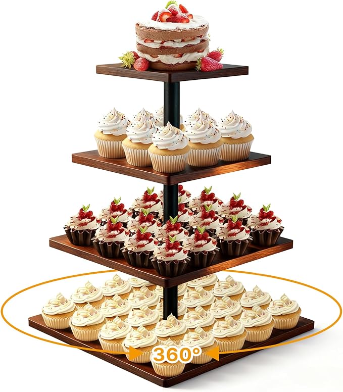 4 Tier Cupcake Stand for 50 Cupcakes,360 Rotatable Wooden Cake Dessert Tower Holder,Rustic Square Tiered Tray Serving Display for Wedding Birthday Baby Shower Tea Party