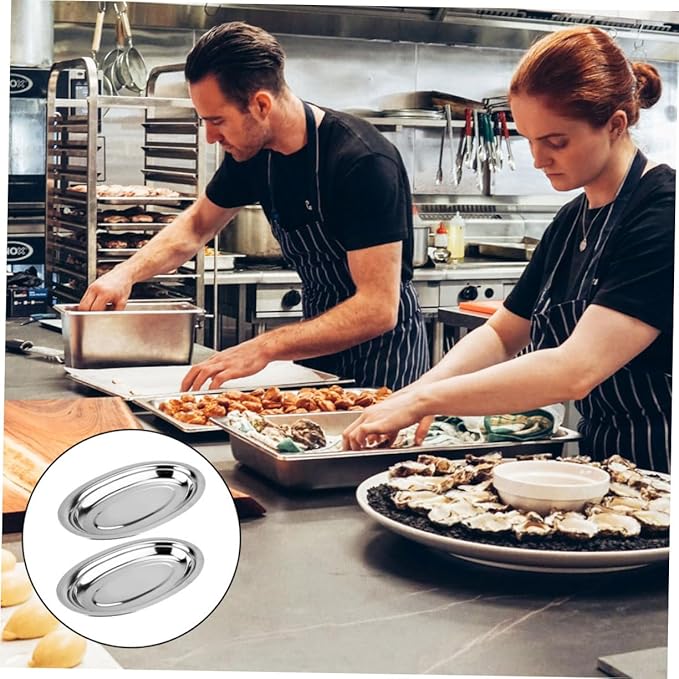 2Pcs Stainless Steel Oval Plates for Steaming Fish and Snacks Home Snack Dish Easy to Clean Restaurant Pastry Plate Silver Serving Tray