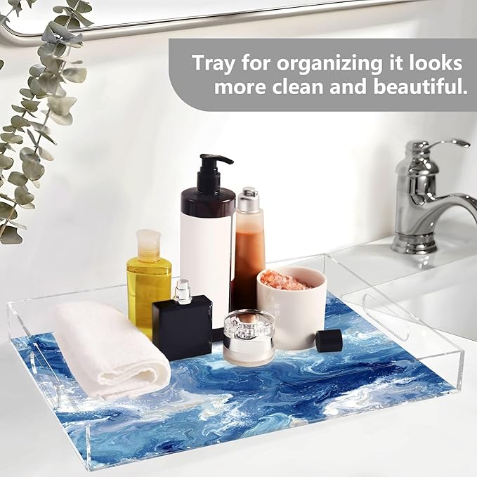 Serving Tray with Handles Clear Acrylic Tray 12x16 Inch Decorative Rectangular Tray Organizer for Ottoman Coffee Table Bathroom Blue Swirling Fluid