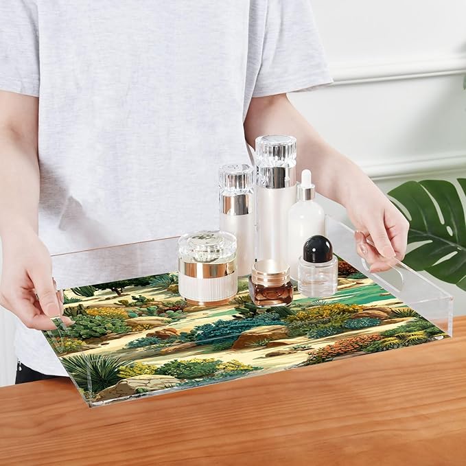 Serving Tray with Handles Clear Acrylic Tray 12x16 Inch Decorative Rectangular Tray Organizer for Ottoman Coffee Table Bathroom Mexico Desert Cactus Green