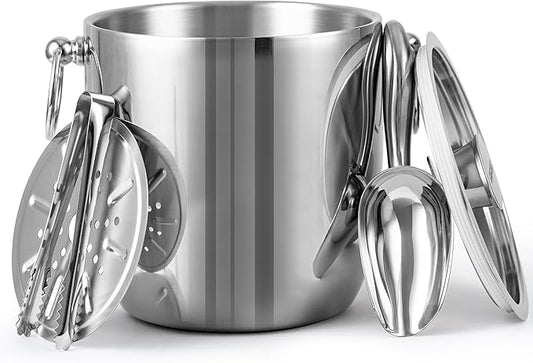 Insulated Ice Bucket, 3L Double Wall Stainless Steel Ice Bucket with Tongs,Lid, Scoop and Strainer, Ice Buckets for Parties,Cocktail Bars, Chilling Beer, Champagne, Wine Bottles