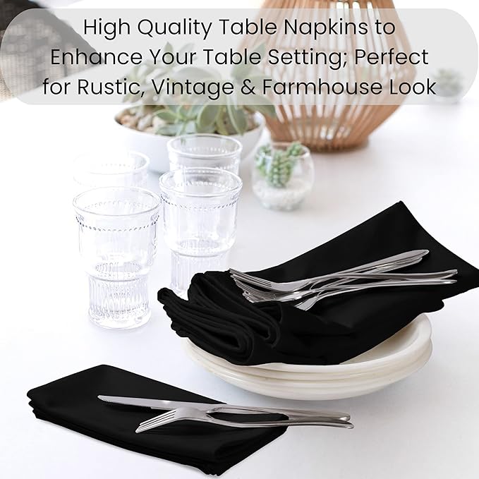 Set of 12 Cloth Dinner Napkins 100% Cotton - Soft Durable Washable - Ideal for Farmhouse Party Weddings Christmas Easter - Perfect Everyday Use Table Linen Cloth Napkins Black 17x17