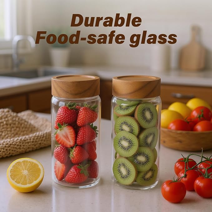 6 -Piece 13 fl oz Food-Grade Glass Mason Jars with Acacia Wood Lids, Sealable Waterproof, Transparent Easily Stackable for Overnight Oats, Spice Storage & Snack Organizing