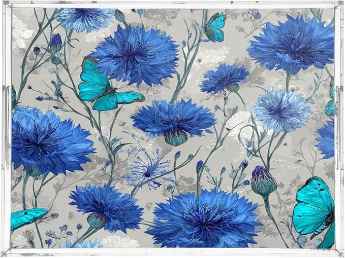 Serving Tray with Handles Clear Acrylic Tray 12x16 Inch Decorative Rectangular Tray Organizer for Ottoman Coffee Table Bathroom Vintage Blue Cornflowers and Turquoise Butterflies