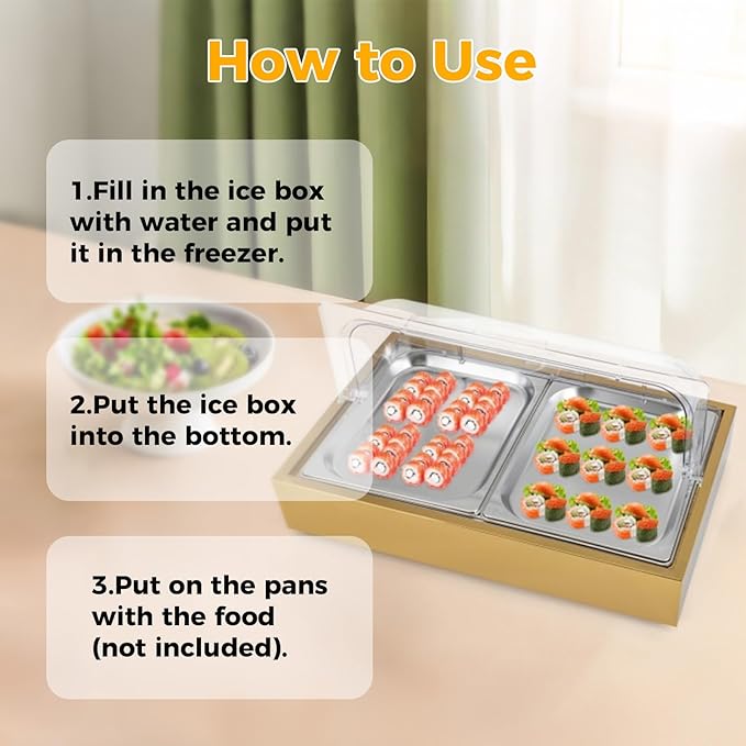 Ice Food Serving Display Tray, 6L Spice Display Salad Dressing Cooler Food Dishes Display Plate Case w/Clear Roll Top Cover for Outdoor Buffets Parties & Restaurant (Gold)