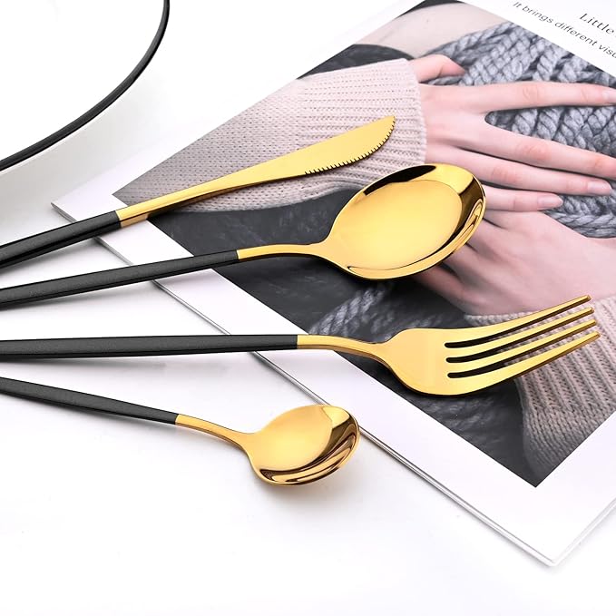 8-Piece Picnic Tableware Set, Mirror 18/0 Stainless Steel Couple Cutlery Set Include Knife, Fork, Spoon, Coffee Spoon, Metal Daily Basic & Classic Utensils For 2 People, Black Gold