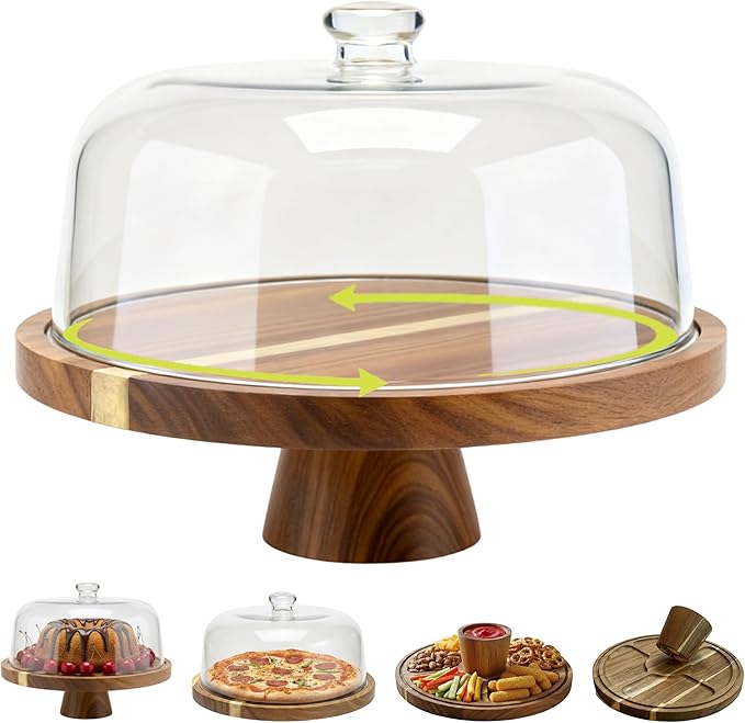 Acacia Wood Cake Stand with Scratch-Resistant Acrylic Dome Lid – 12in Round Cake Holder, 2-in-1 Dessert Display Tray & Charcuterie Board with Double-Sided Groove for Perfect Lid Placement
