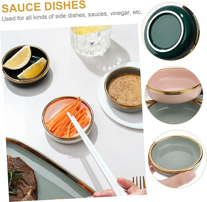 4Pcs Gold Rim Ceramic Sauce Dishes Appetizer Plates Dishwasher Safe for Seasoning Sauces Fruit Dishes Kitchen Supplies Random Color