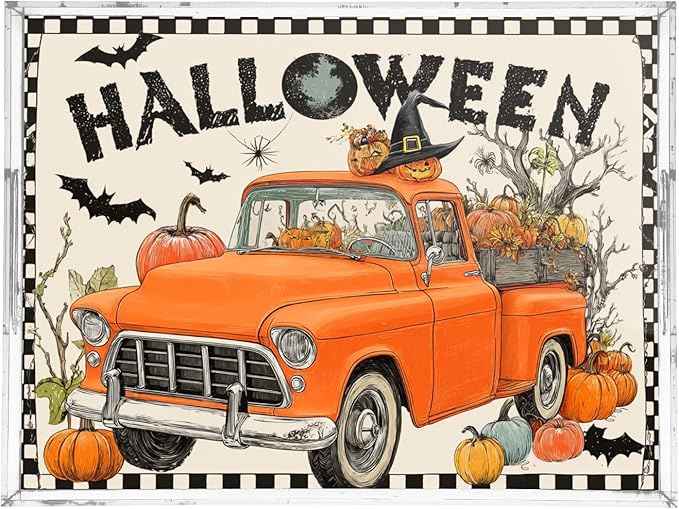 Serving Tray with Handles Clear Acrylic Tray 12x16 Inch Decorative Rectangular Tray Organizer for Ottoman Coffee Table Bathroom Orange Truck Halloween Bat Pumpkin