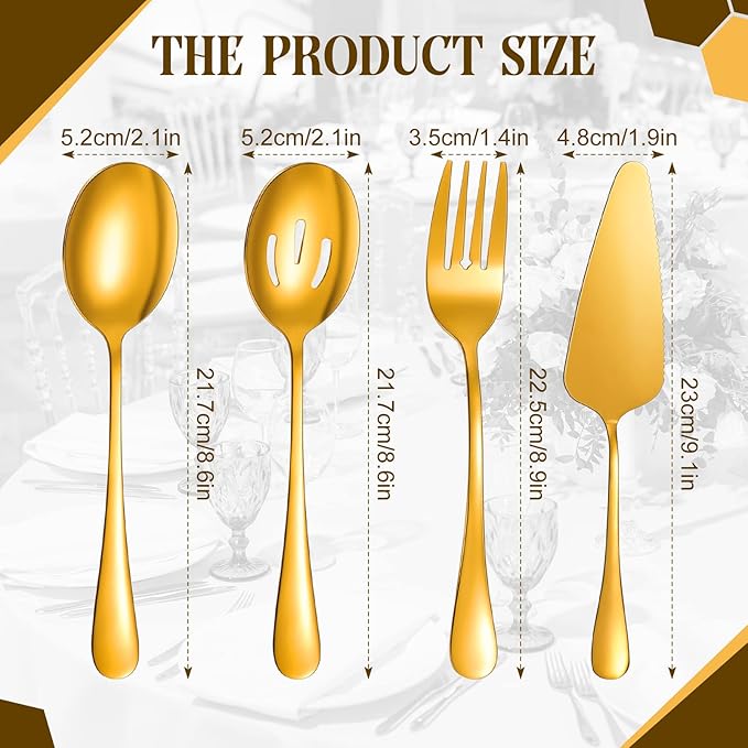 19 Pieces Serving Flatware Set Including Stainless Steel Spatulas, Forks, Spoons, Perforated, Soup, Skimmers Spoon, Buffet Tongs, Heavy Duty Serving Tongs for Home(Gold)