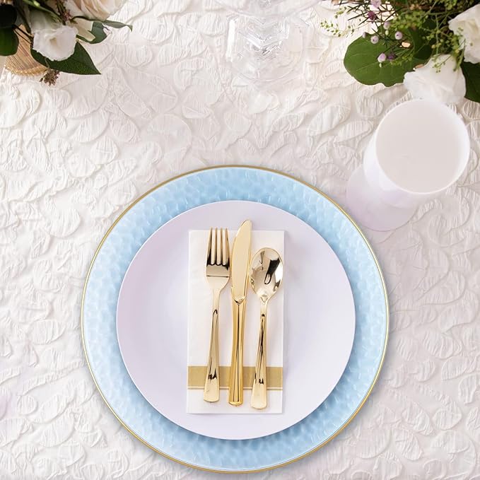 PARTY BARGAINS 13-Inch Charger Plates - 48 Pack, Hammered Blue Gold Rim, Heavy-Duty Disposable Chargers for Elegant Dining - Ideal for Weddings and Formal Events