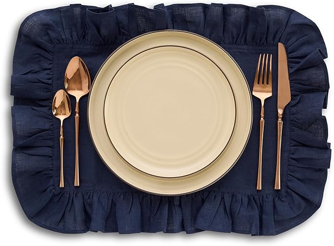 Solino Home Linen Placemats Set of 4-100% Pure Linen Navy Blue Placemats 14 x 19 Inch - Gabrielle Ruffle, Handcrafted and Machine Washable