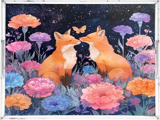 Serving Tray with Handles Clear Acrylic Tray 12x16 Inch Decorative Rectangular Tray Organizer for Ottoman Coffee Table Bathroom Foxes Carnations Colorful