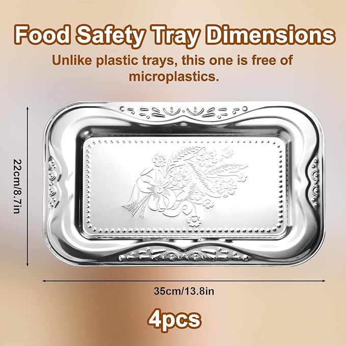 4pcs Silver Serving Trays Set, 13.8"x8.7"/35x22cm Stainless Steel Mirror Polished Decorative Trays Metal Party Platters Elegant Food Display Plate for Charcuterie Desserts Snacks Canapés Fruit