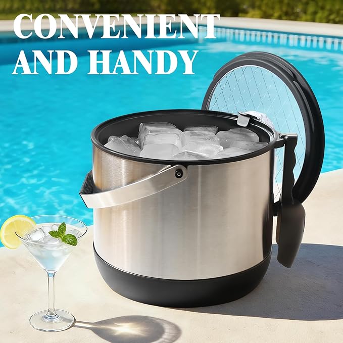 5QT/4.8L Insulated Ice Bucket for Parties, Large Capacity Double-Wall Beverage Bucket with Scoop & Lid for Champagne, Wine, Cocktail (Black)
