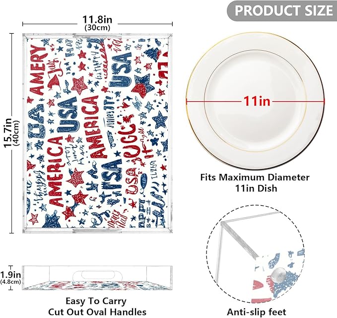 Serving Tray with Handles Clear Acrylic Tray 12x16 Inch Decorative Rectangular Tray Organizer for Ottoman Coffee Table Bathroom Vibrant Patriotic Stars Independence Day