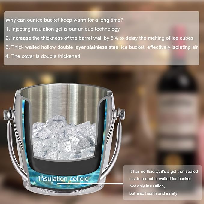 Ice Bucket Champagne Bucket with Tongs Scoop Lid, Double Wall Wine Bar Freezer Ice Bucket with Stand & Carrying Handle, Stainless Steel Mirror Bucket Champagne Bucket for Parties Bar Home,2L(Silver)