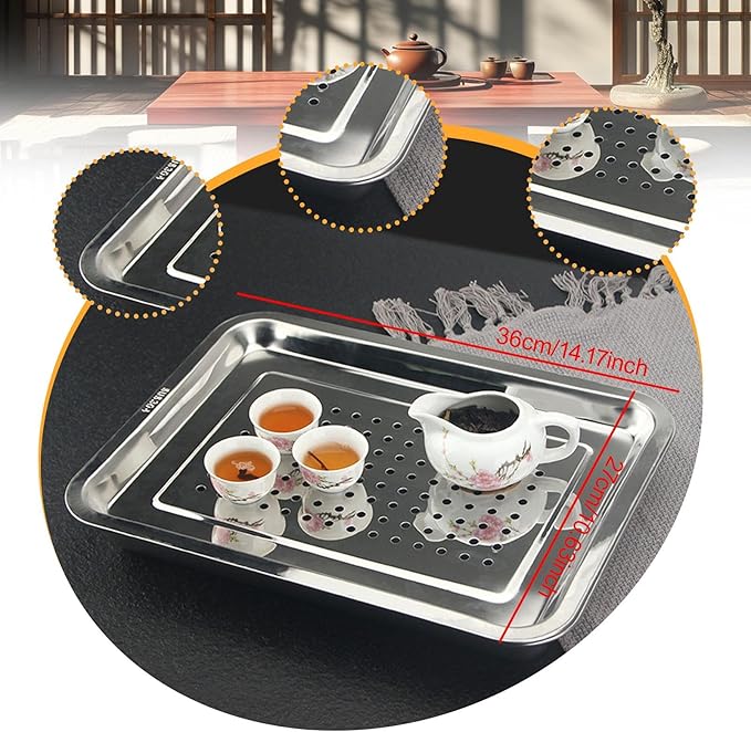 Kung Fu Tea Tray Gungfu Tea Table Serving Tray Draining Water Space Saving Metal Organizer Multipurpose for Home Kitchen, 36cmx27cm