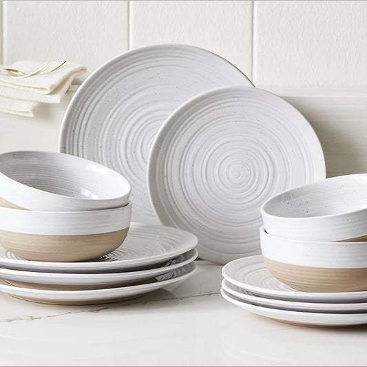 12-Piece Dinnerware Set, Ceramic Plates and Bowls Service for 4, Modern Tableware Dishes for Kitchen and Dining