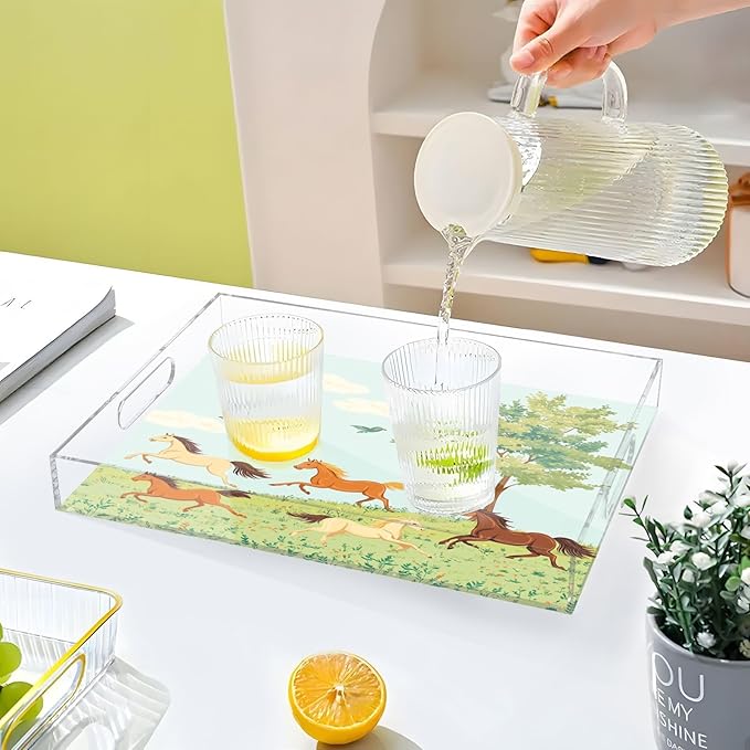 Serving Tray with Handles Clear Acrylic Tray 12x16 Inch Decorative Rectangular Tray Organizer for Ottoman Coffee Table Bathroom Horses Bird and Grassland Tree