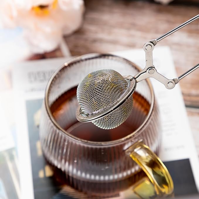 Yinder 108 Pcs Stainless Steel Tea Infuser with Handle Snap Ball Tea Strainer Metal Tea Ball Infusers for Loose Tea Fine Mesh Ball Tea Filter Tea Pincer Reusable Tea Steeper with Tong for Tea Bag