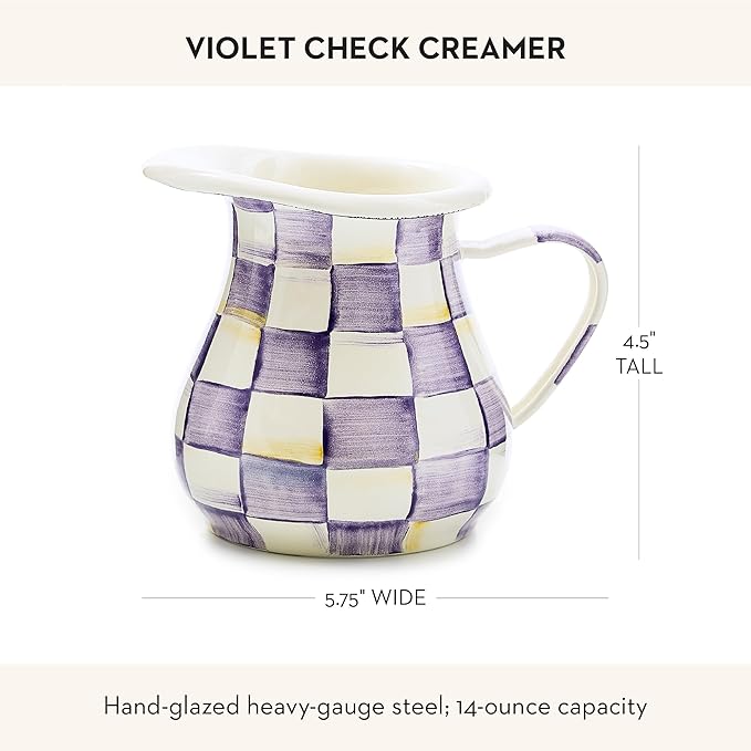 MACKENZIE-CHILDS Enamel Creamer, Creamer Dispenser with Pour Spout, 14-Ounce Capacity, Purple-and-White Violet Check