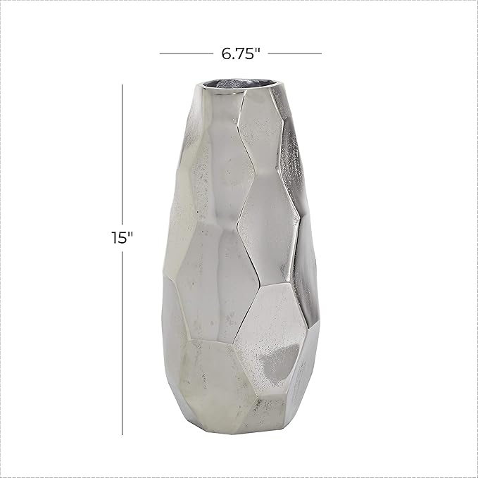 Deco 79 Aluminum Metal Decorative Vase Geometric Centerpiece Vase, Flower Vase for Home Decoration 7" x 7" x 15", Silver (Pack of 2)
