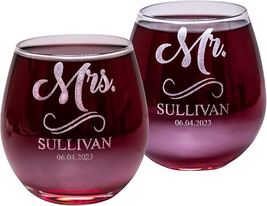 Gifts Inscribed Personalized Mr and Mrs Wine Stemless Glass Set of 2 – Custom Engraved Wedding Stemless Wine Glasses Gift for Couples, Engagement, Birthday, or Anniversary