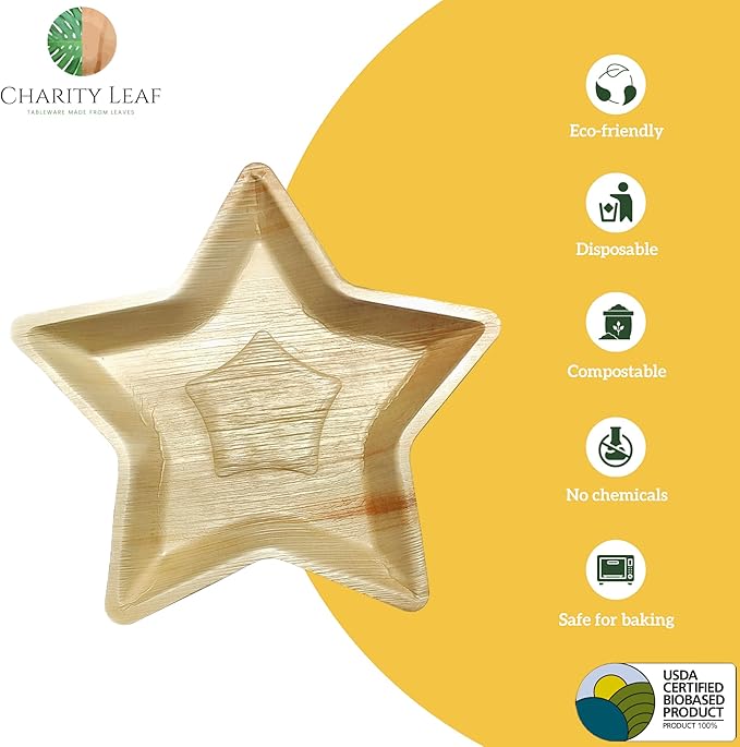Charity Leaf Disposable Palm Leaf 14" Star Plates (5 pieces) Bamboo Like Serving Platters, Disposable Boards, Eco-Friendly Dinnerware For Christmas, Weddings, Catering, Events
