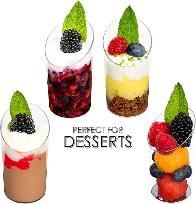 DLux 32 x 2.5 oz Mini Dessert Cups with Spoons, Slanted Round - Clear Plastic Parfait Appetizer Cup - Small Reusable Serving Bowl for Tasting Party Desserts Appetizers - With Recipe Ebook