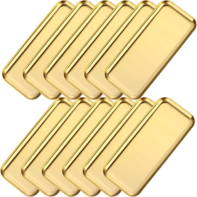 Vesici 12 Pcs 8.66 x 3.82 inches Small Gold Tray Bulk, Stainless Steel Rectangle Serving Trays Trinket Decorative Bathroom Tray for Vanity Jewelry Makeup Towel, Dish Plate Tea Fruit Storage Platter
