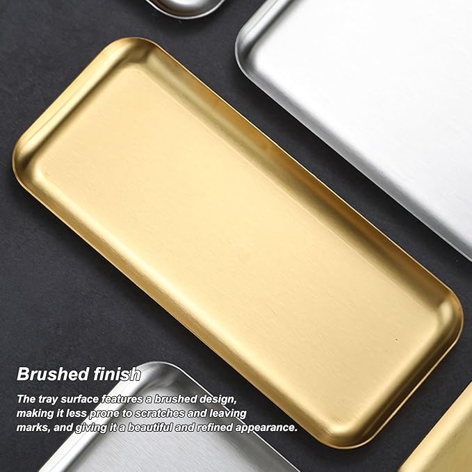 3 Pcs Small Serving Tray, Stainless Steel Coffee Table Tray, Wire Drawing Process, Beautiful and Understated, Waterproof and Durable(Gold,10x22CM/4x9IN)