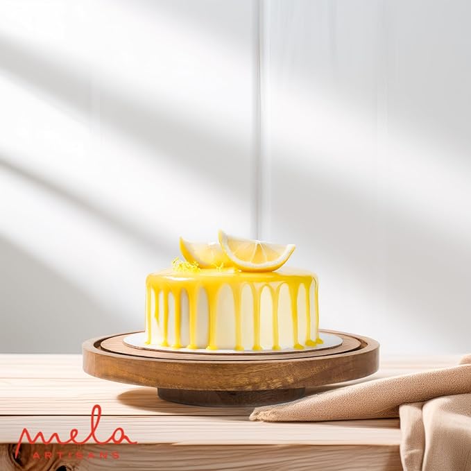 Mela Artisans Wooden Cake Stand 12" x 1.5" | Lazy Susan Rotating Turntable Design | Mango Wood | Cupcake & Dessert Stand | Cake Display for Home Decor | Dining Table | Pastries