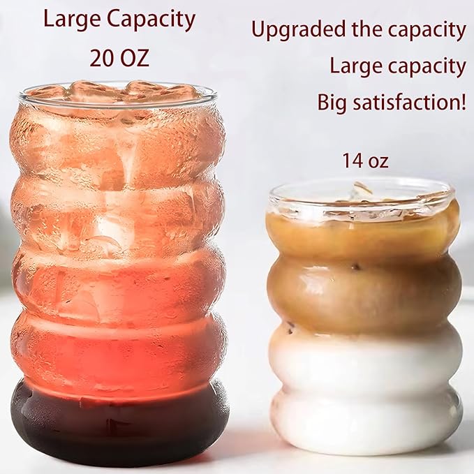 Ework4U 4 Pcs 20oz Drinking Glasses Set with Straws, Cute Iced Coffee Glass Cups, Iced Coffee Tumblers, Thick Drinking Jars for Smoothie, Boba Milk Tea, Ideal for Gift, with Straw Brush