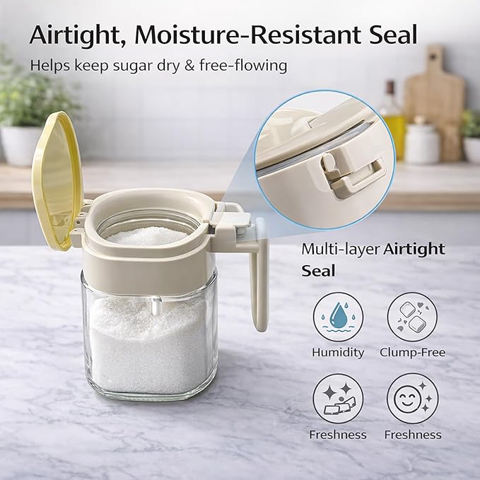 Sugar Cube Container with Tongs, 400ml Airtight Sugar Bowl with One-Touch Lid & Spoon Storage, Hygienic Utensil Compartment Jar for Coffee Bar Sugar Cubes or Powder (1, Beige)