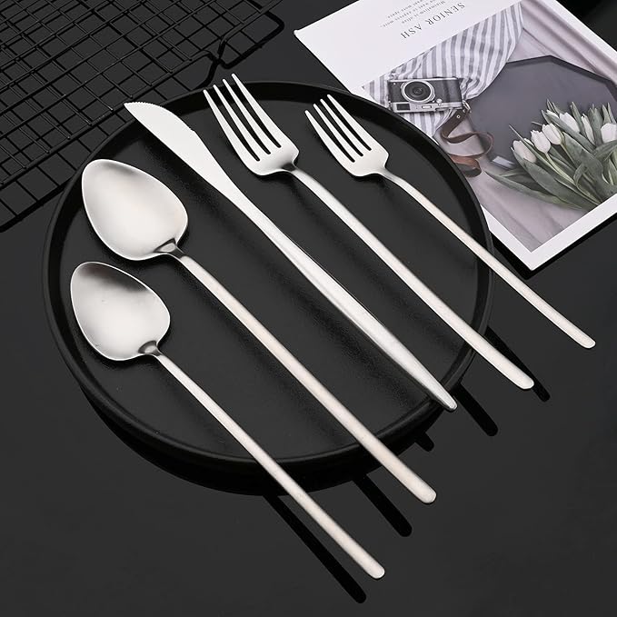 JASHII Modern Silverware Set - 20 Pieces Cutlery Set Matte Silver - Brushed 304 Stainless Steel Flatware Set - Narrow and Long Handle - for Home Dinner and Restaurant
