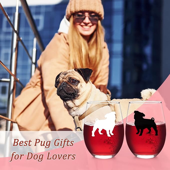 Futtumy Pug Wine Glasses Set of 2, Pug Gifts for Pug Lovers, Pug Gifts, Dog Lovers Gifts for Women, Gifts for Dog Lovers for Christmas Birthday Mother's Day, 17Oz Wine Glass for Women