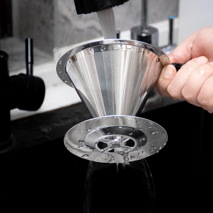 Pour Over Coffee Dripper, 18/8 Stainless Steel Coffee Filter V60 Cone Fine Mesh for 1-2 Cup, Paperless Pour Over Reusable Filter Coffee Maker