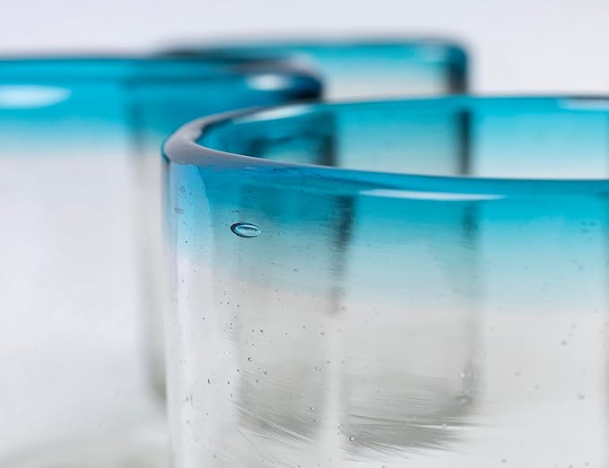 Handmade con Amor - 7 oz Hand Blown Mexican Drinking Glasses - Set of 2, 7 fl oz each, Aqua Rim