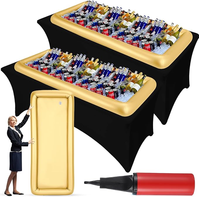 Large Inflatable Serving Bar 72 x 30 x 5'' Inflatable Ice Serving Buffet Bar with Drain Plug for Pool Outdoor Party Picnic (Gold, 2 Pack)