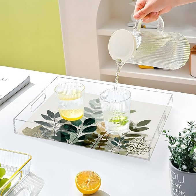 Serving Tray with Handles Clear Acrylic Tray 12x16 Inch Decorative Rectangular Tray Organizer for Ottoman Coffee Table Bathroom Beige Boho Style Leaves