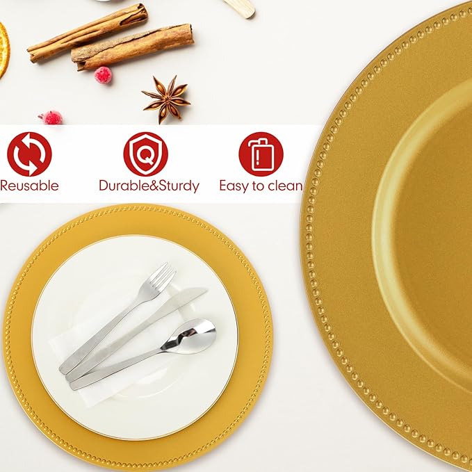 Dandat 50 Pack 13 Inch Charger Plates Plastic Round Dinner Plate with Beaded Rim Reusable Charger Service Plates Reliable Chargers for Wedding Party Dinner Table Decoration(Gold,Classic)