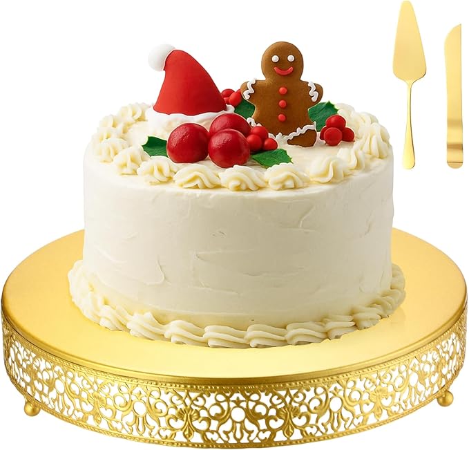 Wenqik 14 Inch Christmas Cake Stand Gold Metal Round Cupcake Dessert Stand with Cake Cutting, Spatula Xmas Cupcake Pastry Display Candy Holder Display for Christmas Wedding Birthday Party(Classic)