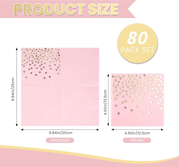 80 Pack of Paper Cocktail Napkins with Gold Foil Polka Dot Confetti，Polka Dot Party Supplies(5 x 5 in，2-ply) (80, pink green blue purple)
